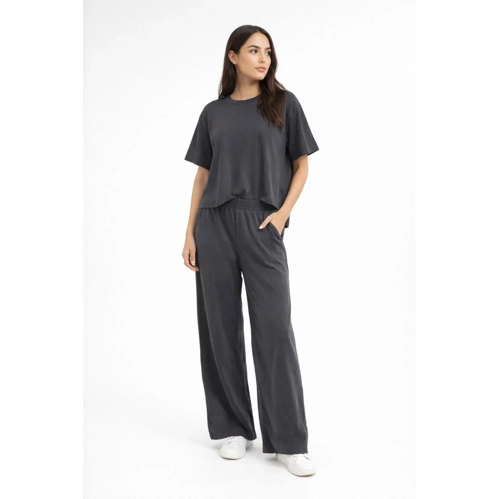 ZARA Gray Wide Leg Lounge Pants Elastic Waist Side Slit‎ XL Lagenlook 97-36
